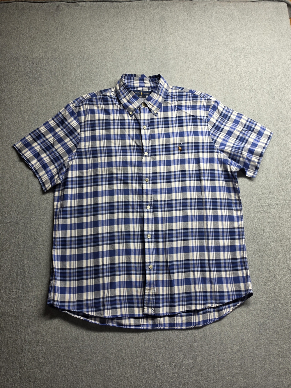Polo Ralph Lauren Blue White Plaid Classic Fit Button Down SS Shirt Mens Size XL